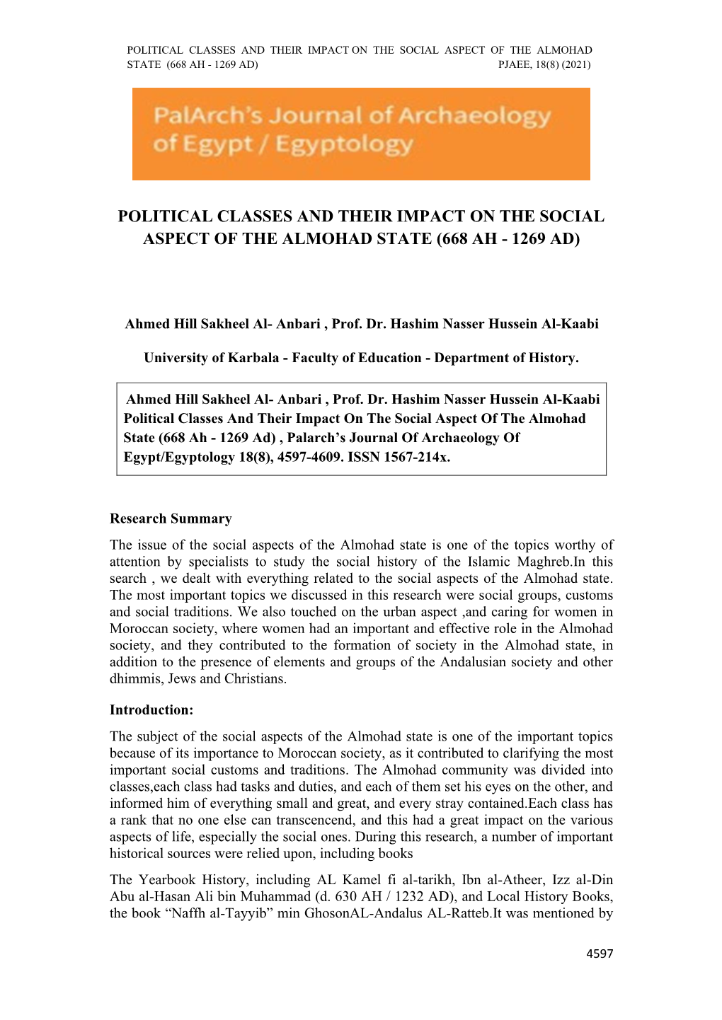 Political Classes and Their Impact on the Social Aspect of the Almohad State (668 Ah - 1269 Ad) Pjaee, 18(8) (2021)