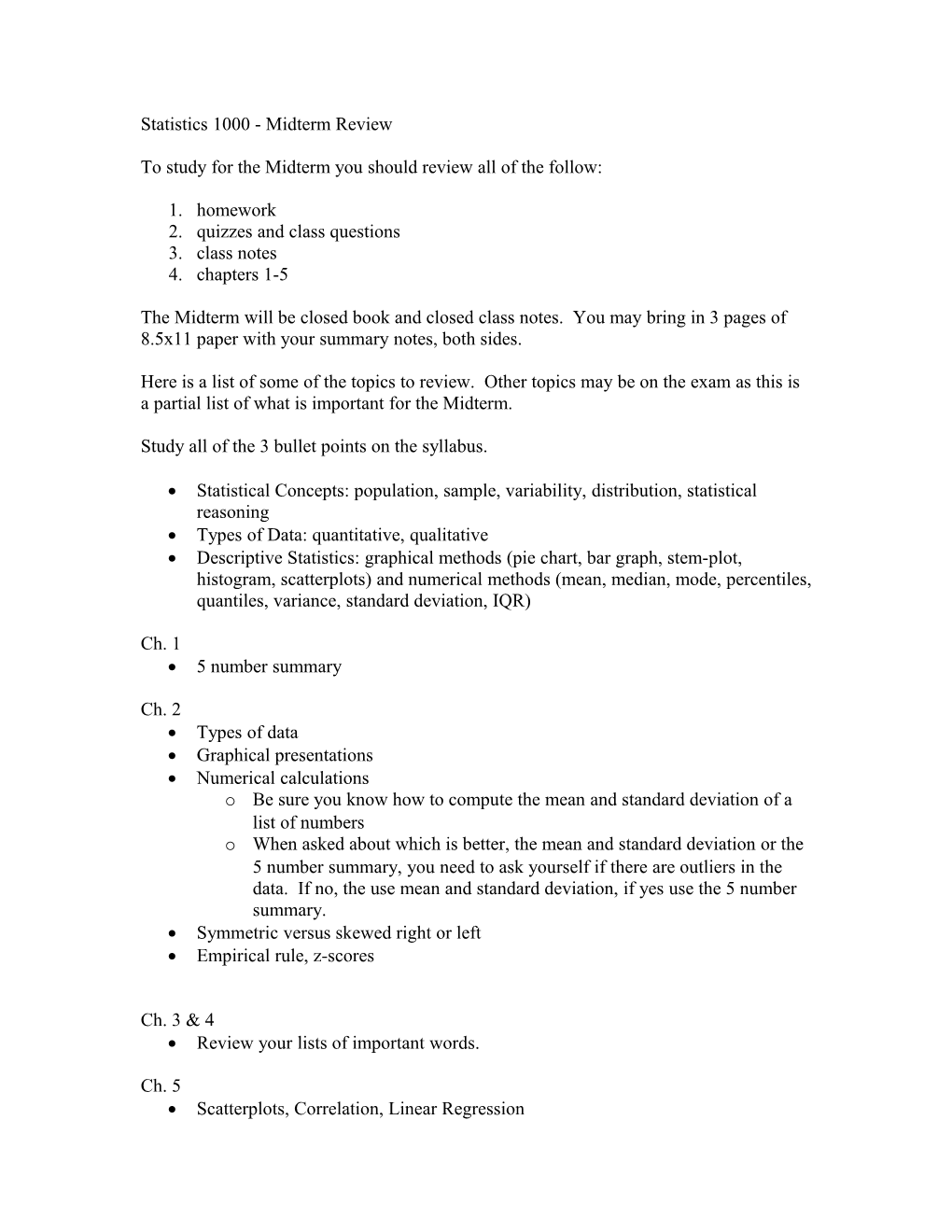 Statistics 1000 - Midterm Review