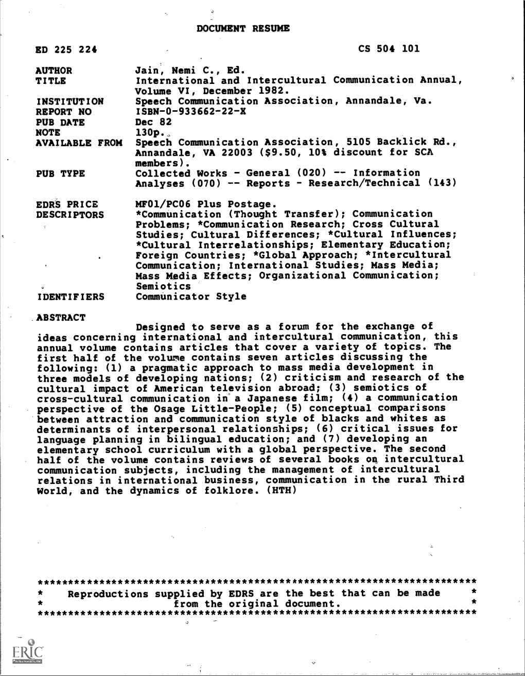 International and Intercultural Communication Annual, Volume VI, December 1982