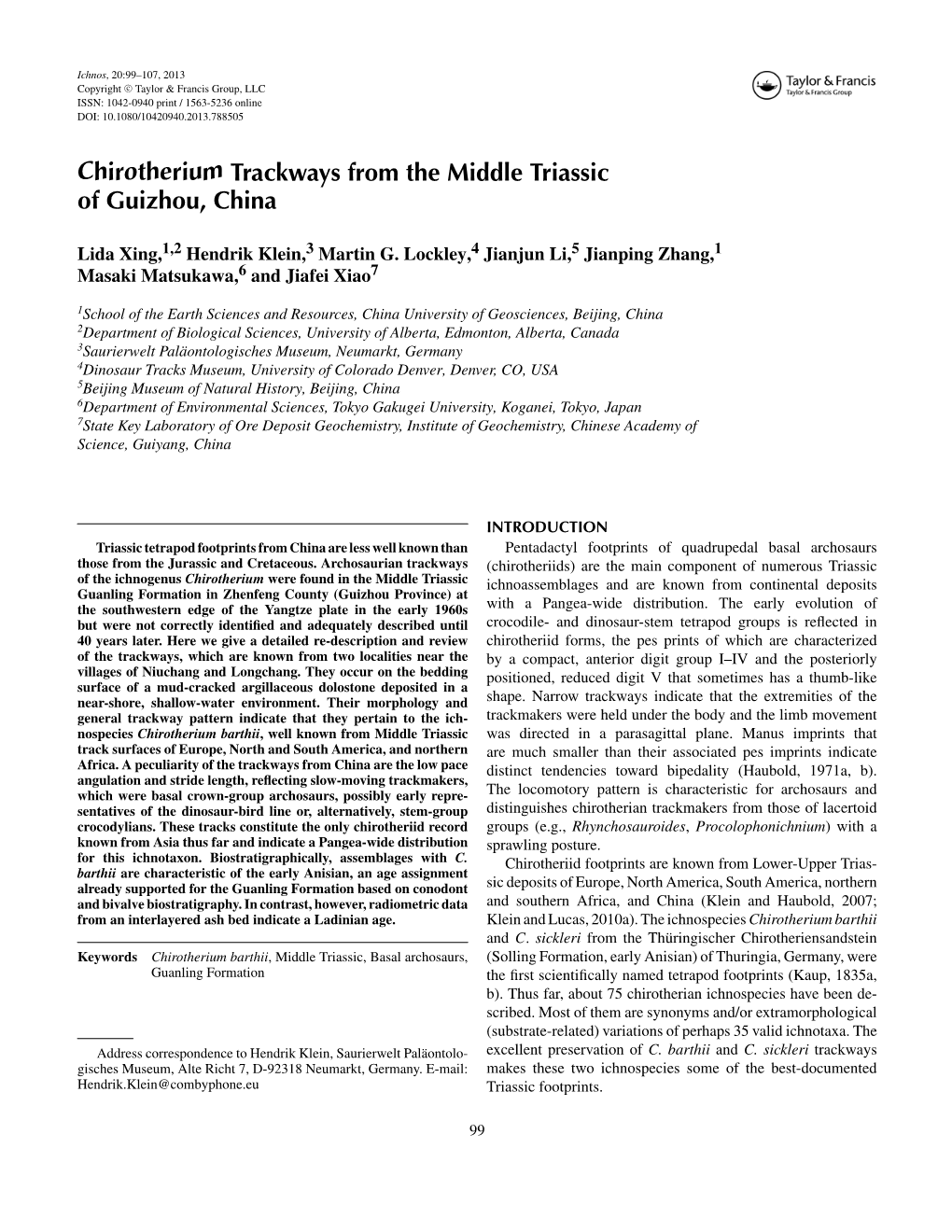 Chirotherium Trackways from the Middle Triassic of Guizhou, China