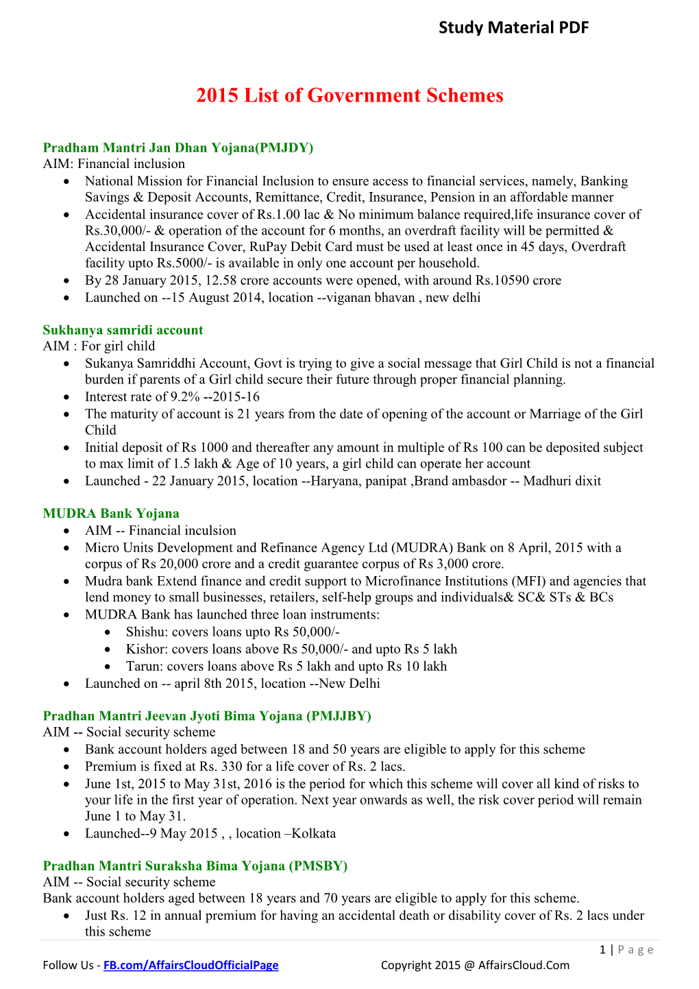 2015 List of Government Schemes(Jan-Dec) by Affairscloud