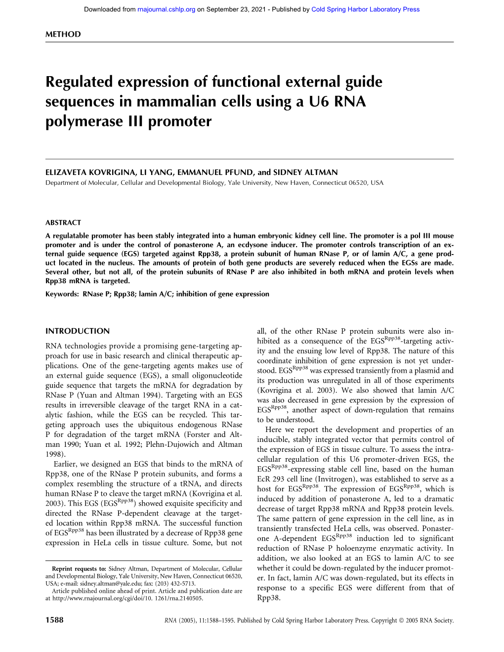 Regulated Expression of Functional External Guide Sequences in Mammalian Cells Using a U6 RNA Polymerase III Promoter