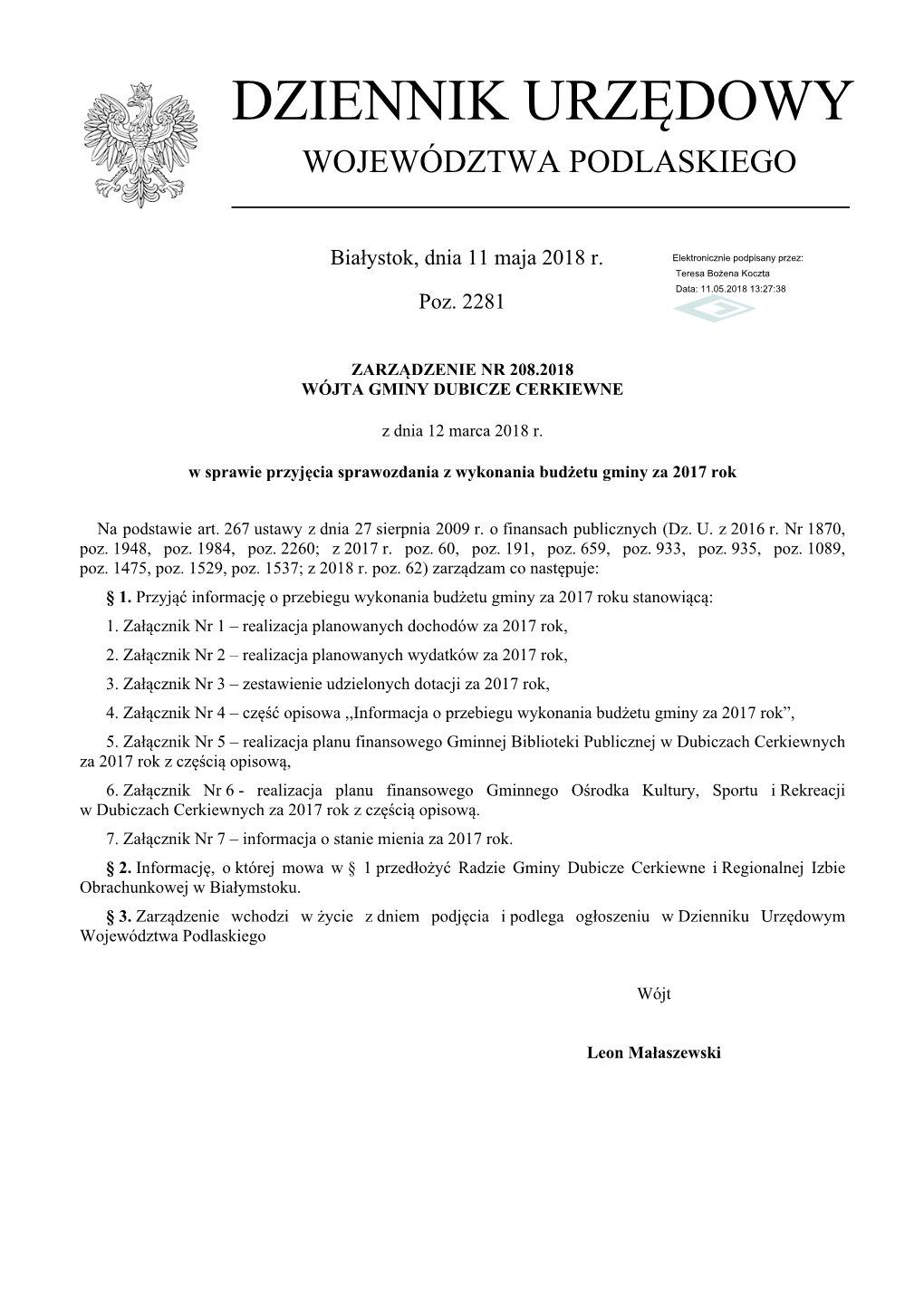 Zarzadzenie Nr 208.2018 Z Dnia 12 Marca 2018 R