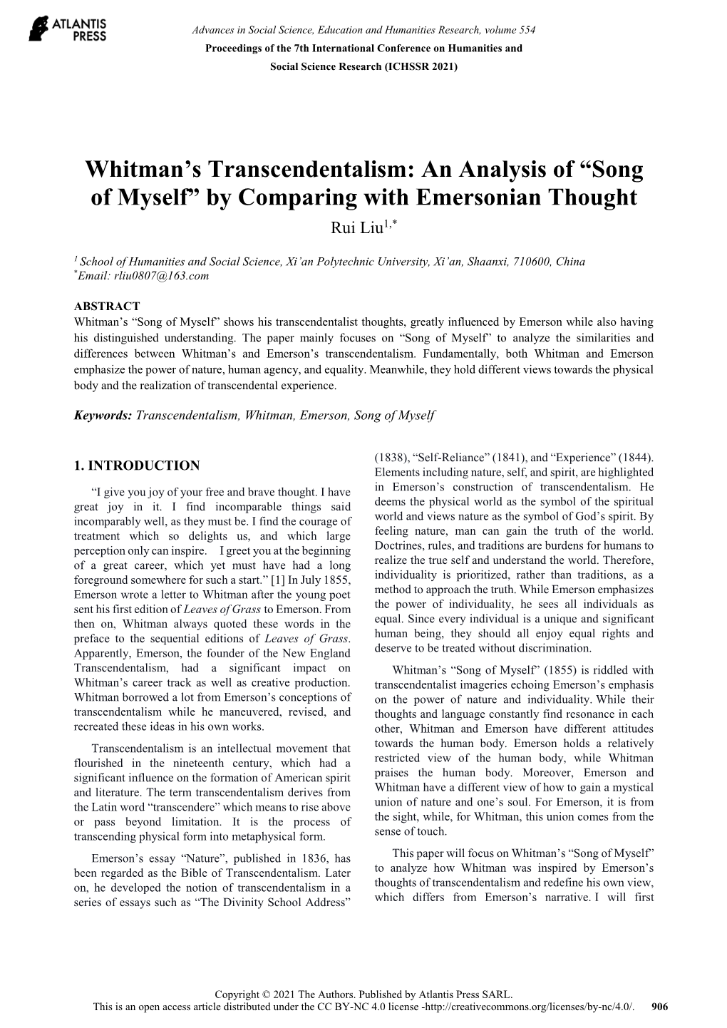 Whitman's Transcendentalism.” Modern Language Notes, Vol