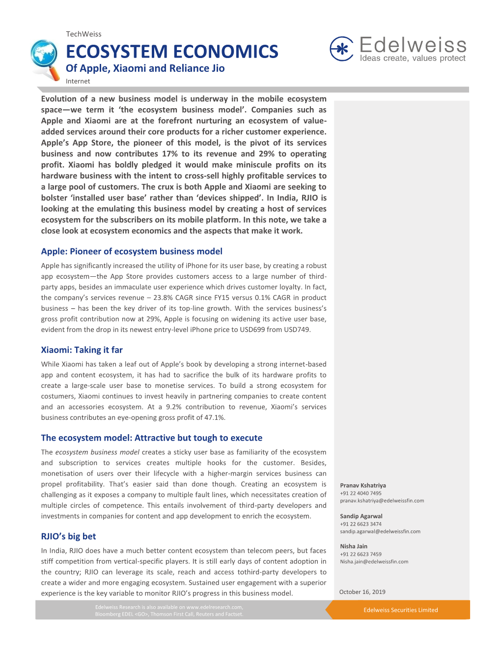 ECOSYSTEM ECONOMICS of Apple, Xiaomi and Reliance Jio Internet