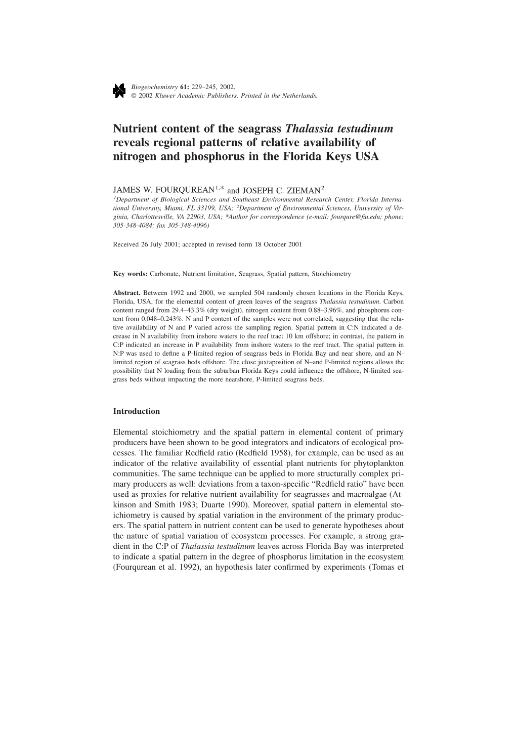 Nutrient Content of the Seagrass Thalassia Testudinum Reveals Regional Patterns of Relative Availability of Nitrogen and Phosphorus in the Florida Keys USA