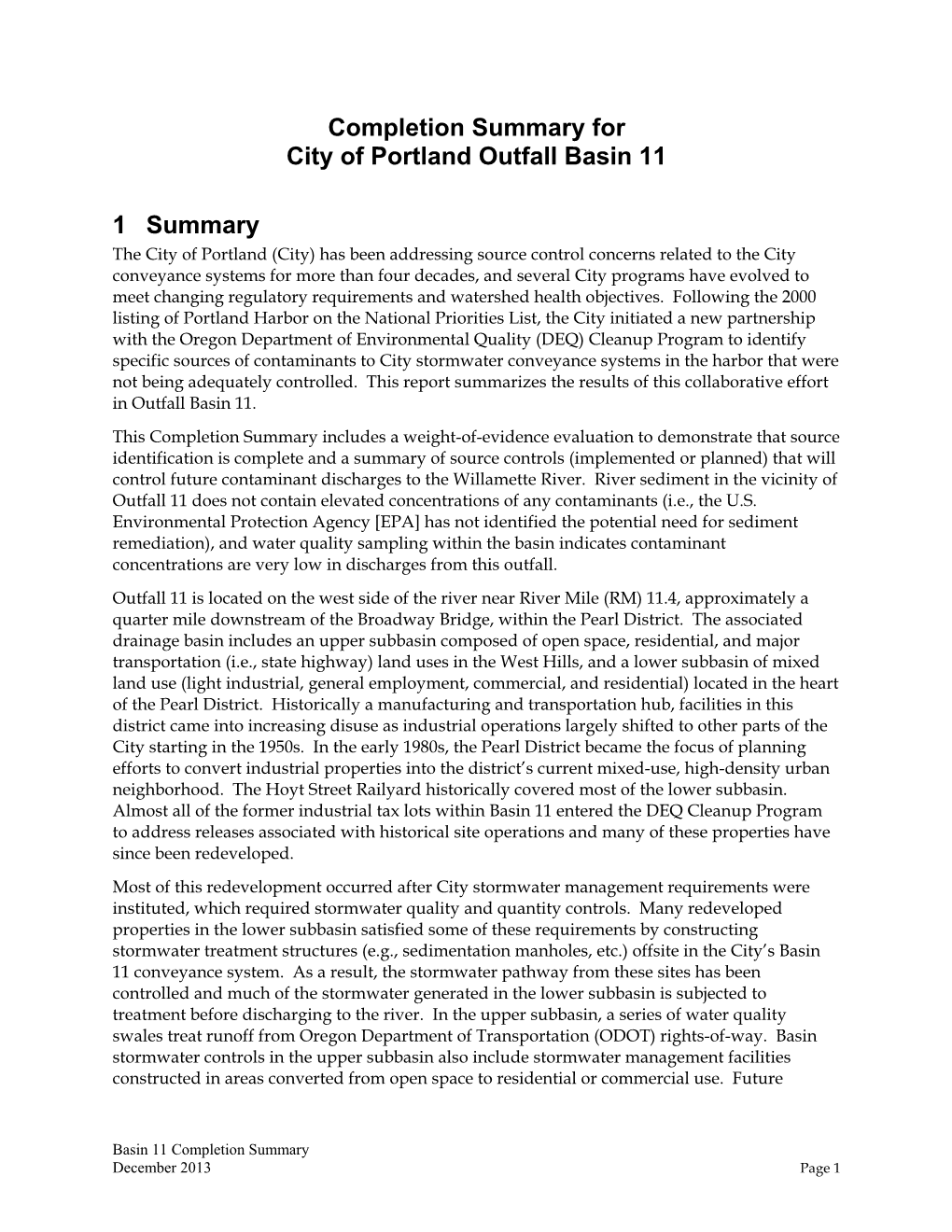Completion Summary for City of Portland Outfall Basin 11