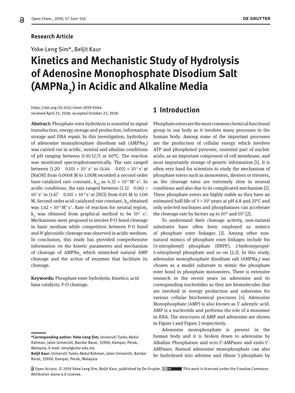 Kinetics and Mechanistic Study of Hydrolysis of Adenosine Monophosphate Disodium Salt