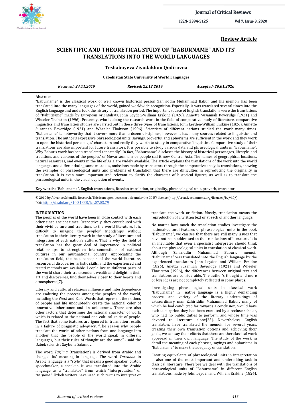 Scientific and Theoretical Study of “Baburname” and Its’ Translations Into the World Languages