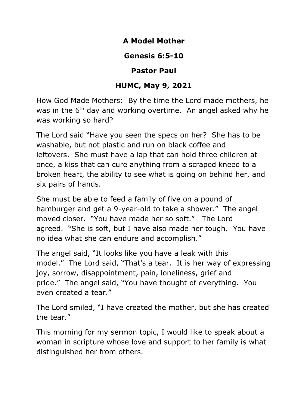 A Model Mother Genesis 6:5-10 Pastor Paul