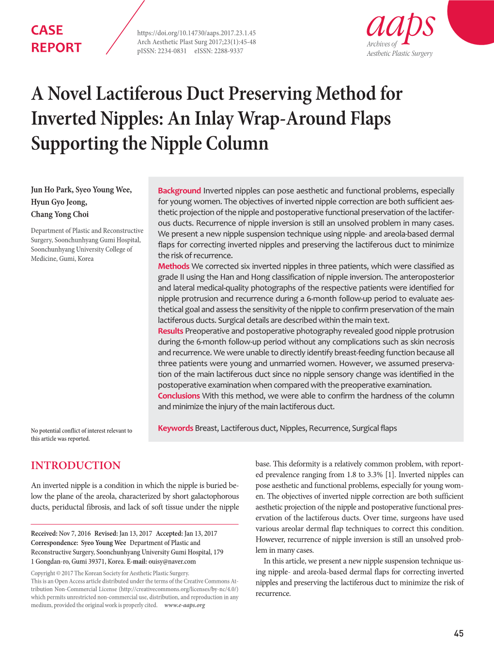 A Novel Lactiferous Duct Preserving Method for Inverted Nipples: an Inlay Wrap-Around Flaps Supporting the Nipple Column