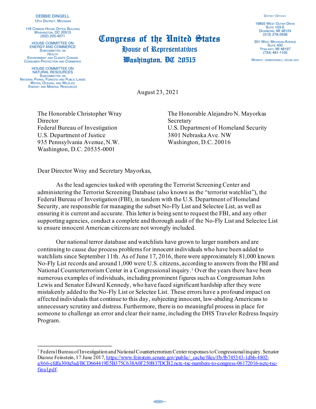 August 23, 2021 the Honorable Christopher Wray the Honorable