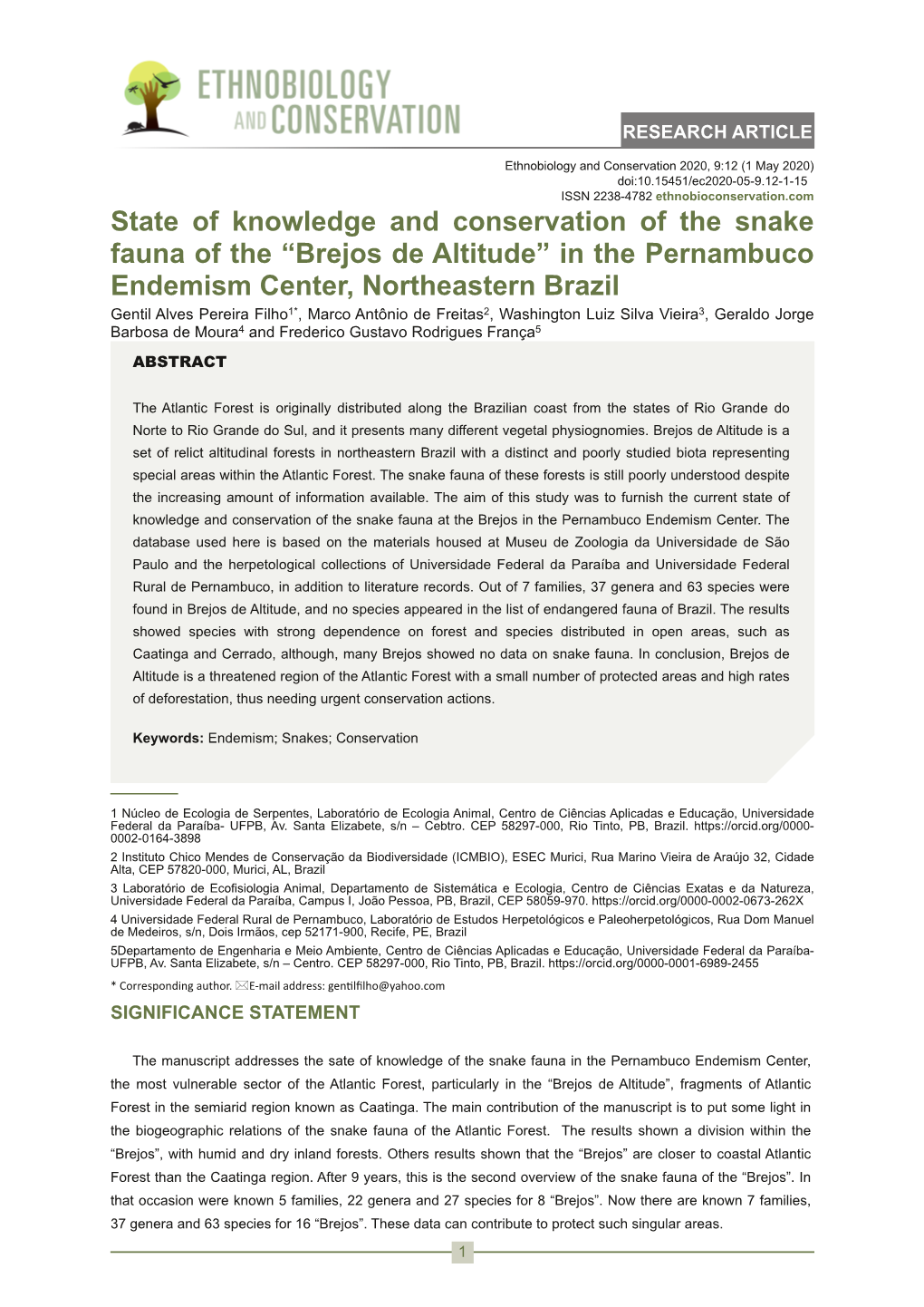 State of Knowledge and Conservation of the Snake Fauna of the “Brejos De