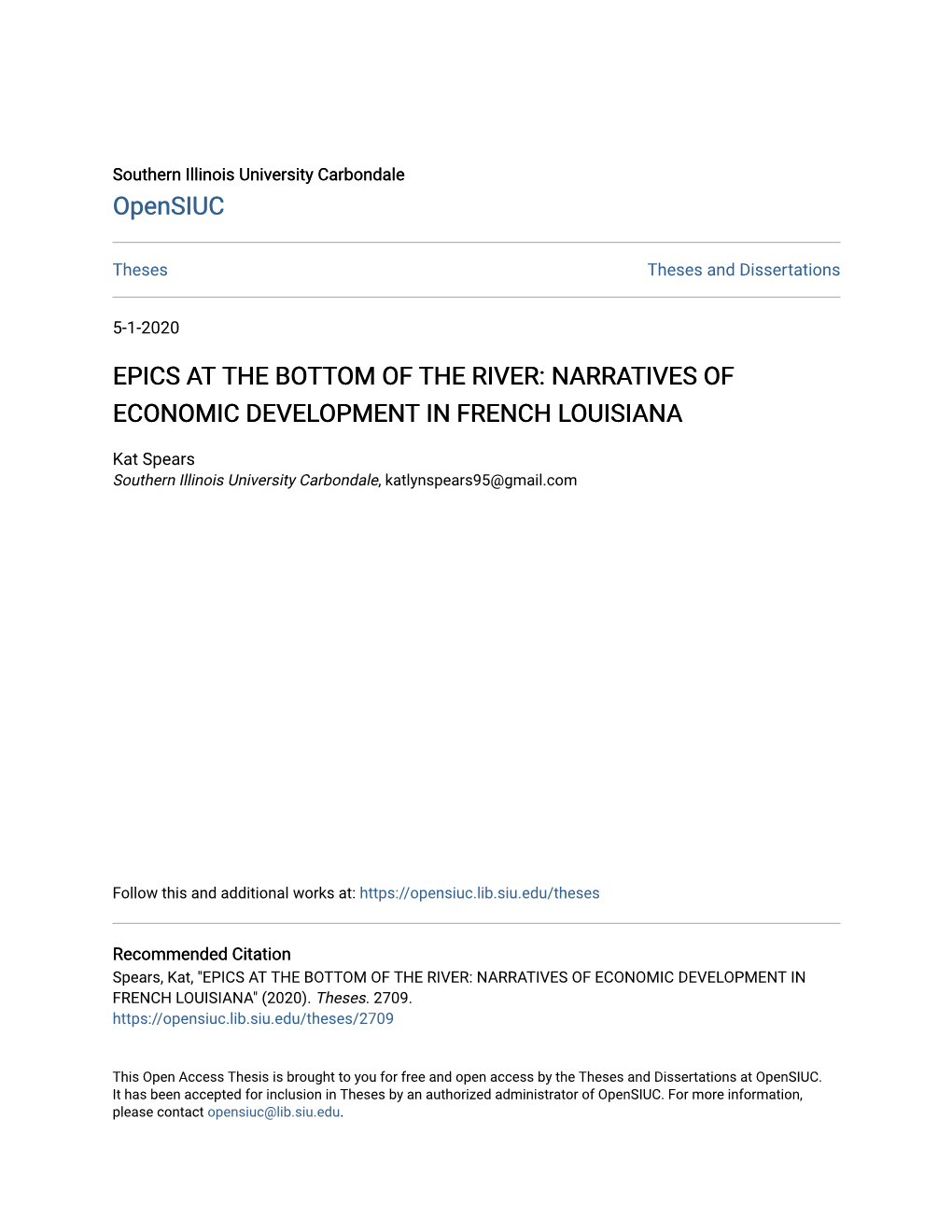 Epics at the Bottom of the River: Narratives of Economic Development in French Louisiana