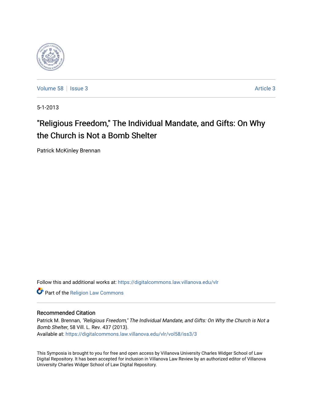 Religious Freedom," the Individual Mandate, and Gifts: on Why the Church Is Not a Bomb Shelter