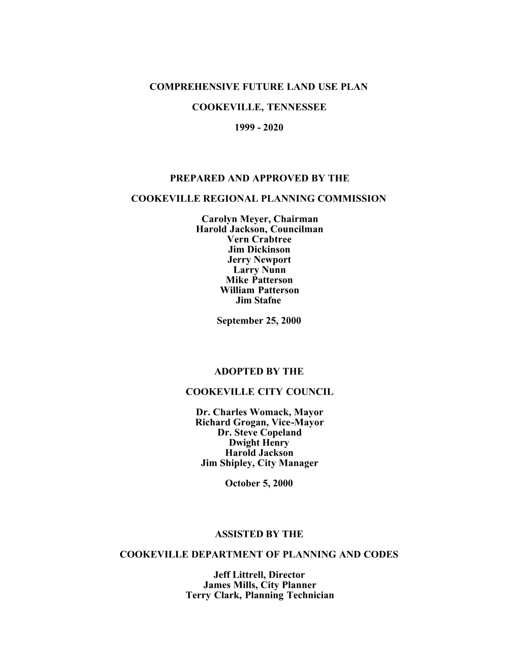 Comprehensive Future Land Use Plan, 1999 to 2020