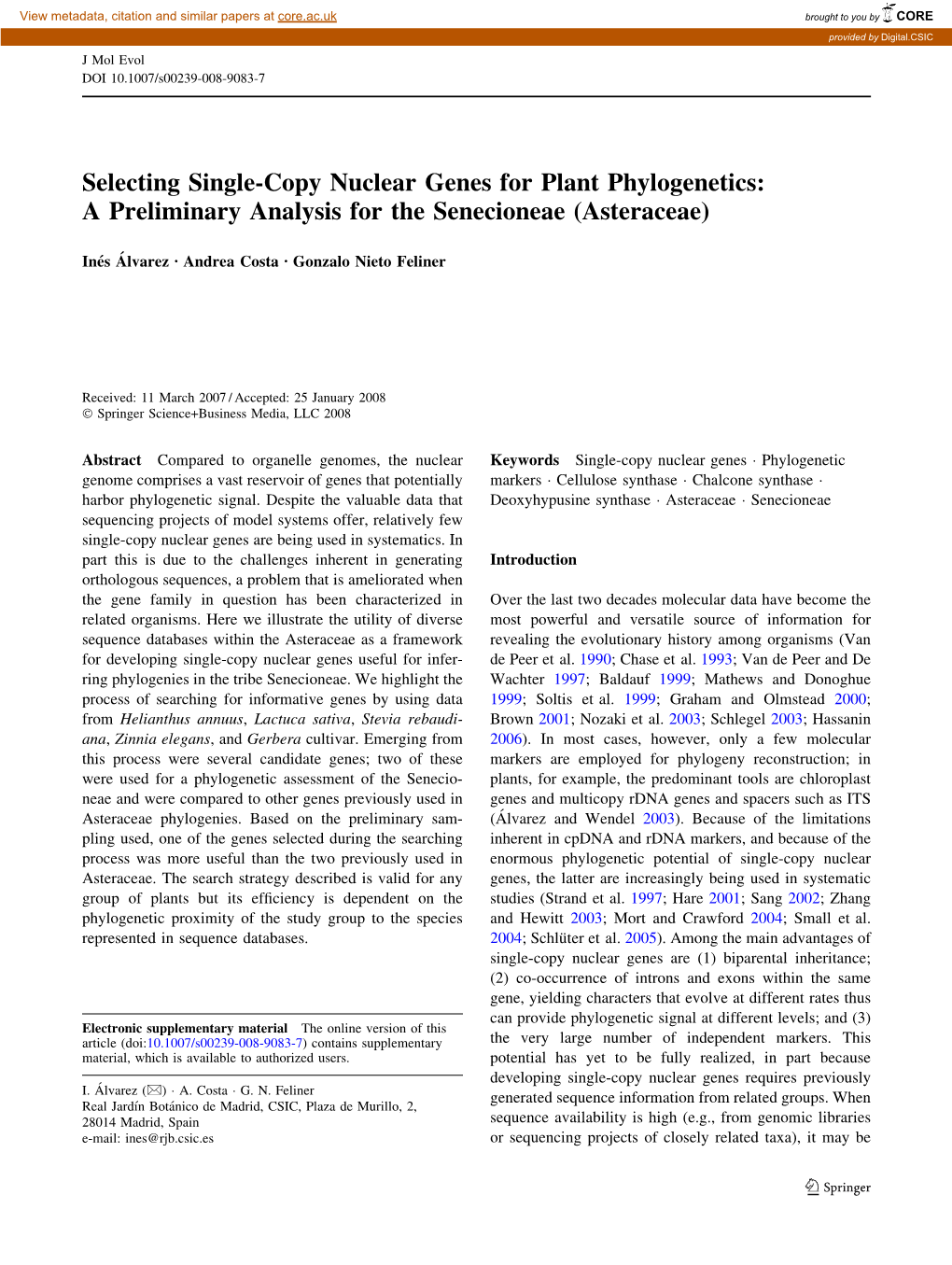 Selecting Single-Copy Nuclear Genes for Plant Phylogenetics: a Preliminary Analysis for the Senecioneae (Asteraceae)