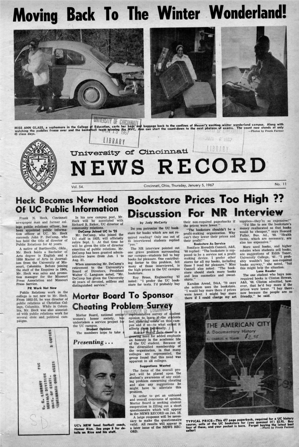 University of Cincinnati News Record. Thursday, January 5, 1967. Vol. LIIII