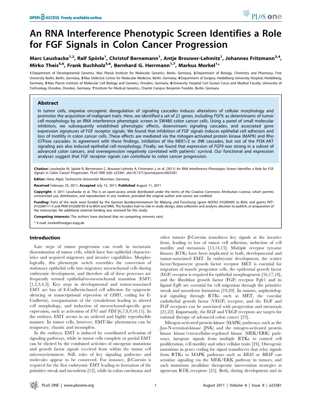 An RNA Interference Phenotypic Screen Identifies a Role for FGF Signals in Colon Cancer Progression