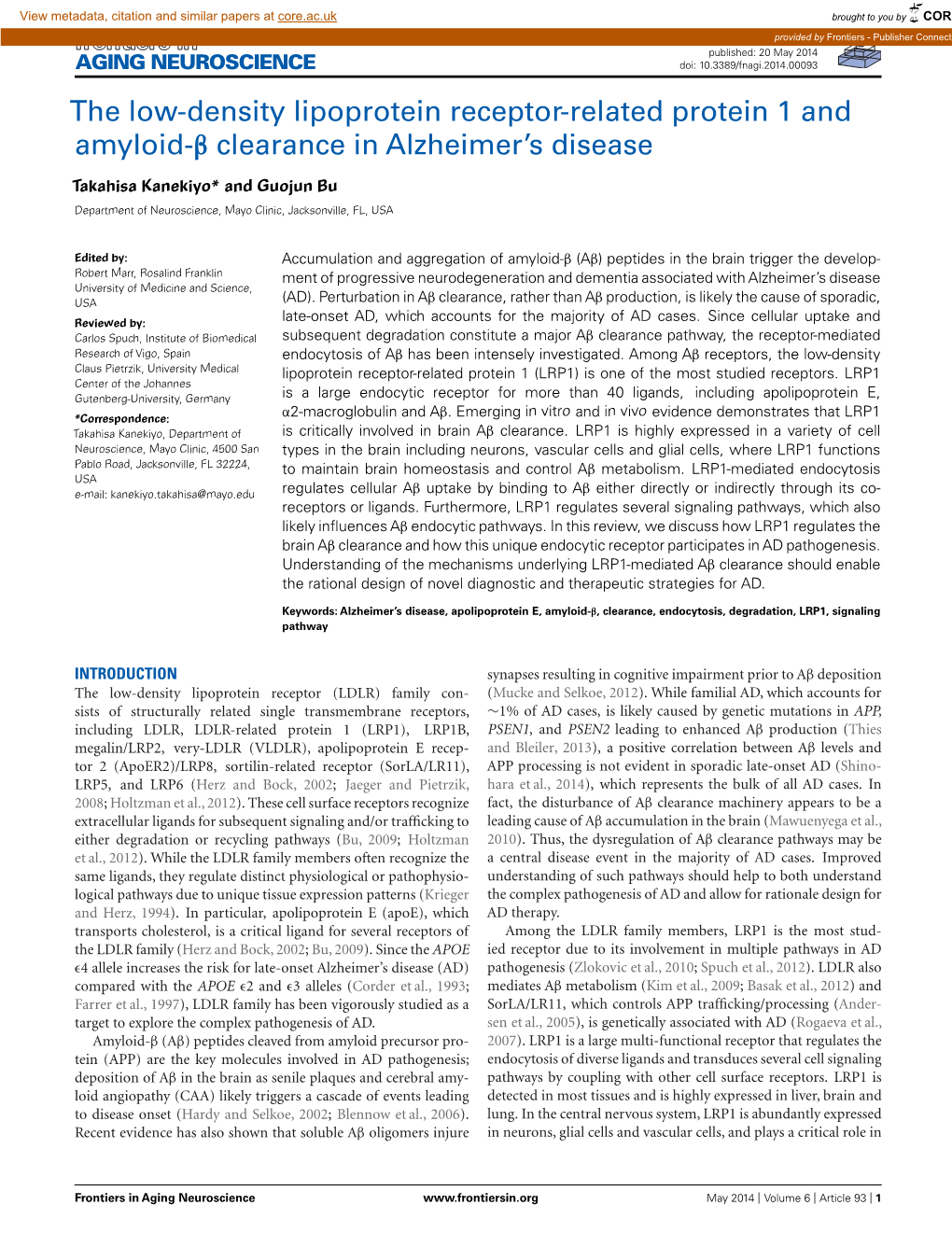 The Low-Density Lipoprotein Receptor-Related Protein 1 and Amyloid-Β Clearance in Alzheimer’S Disease