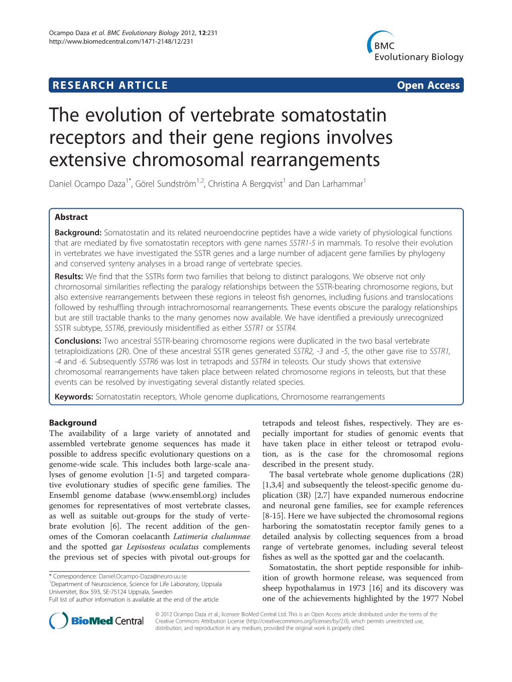 The Evolution of Vertebrate Somatostatin Receptors and Their