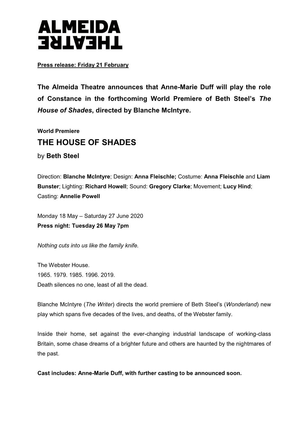 Anne-Marie Duff Cast in the House of Shades