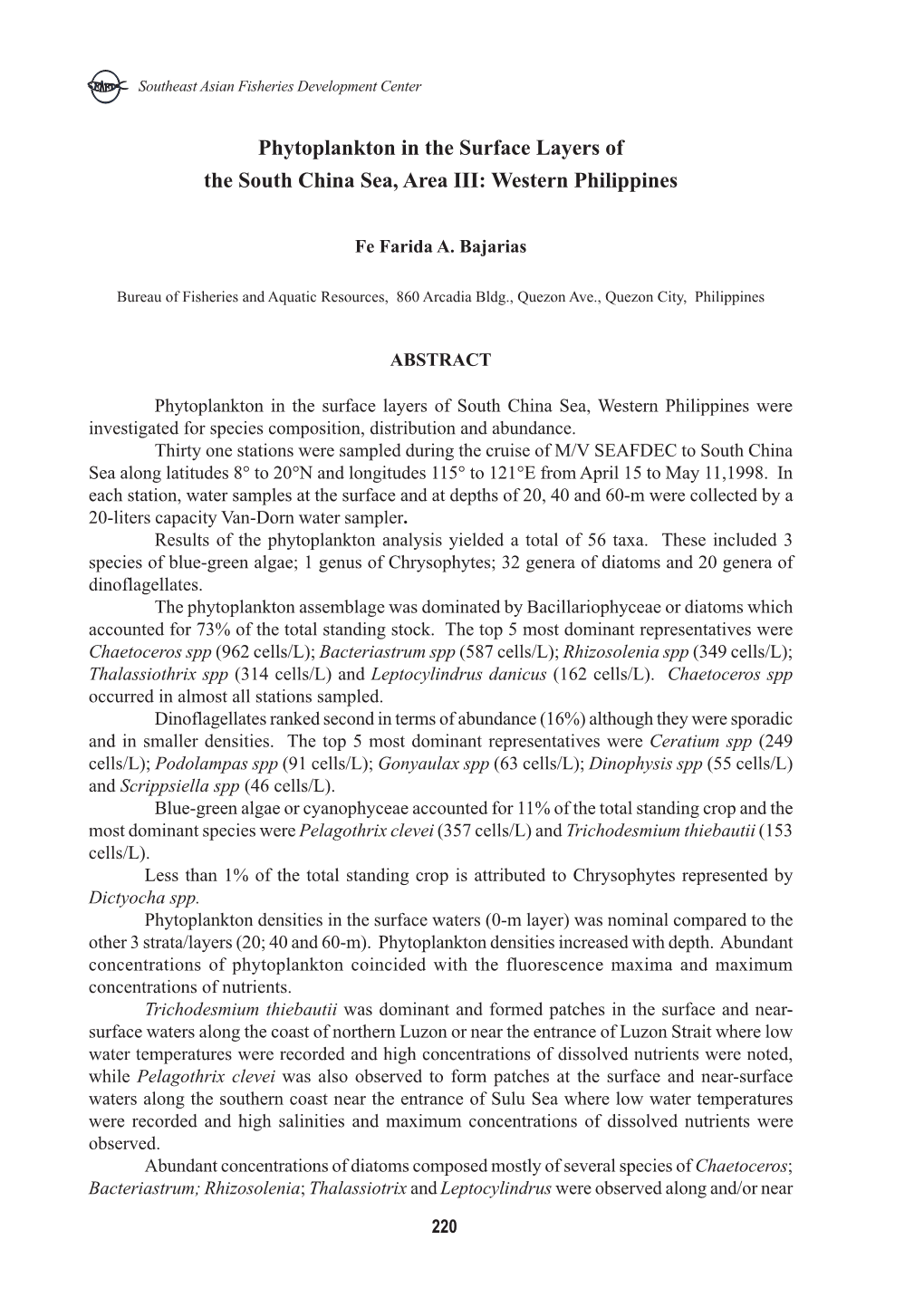 Phytoplankton in the Surface Layers of the South China Sea, Area III: Western Philippines