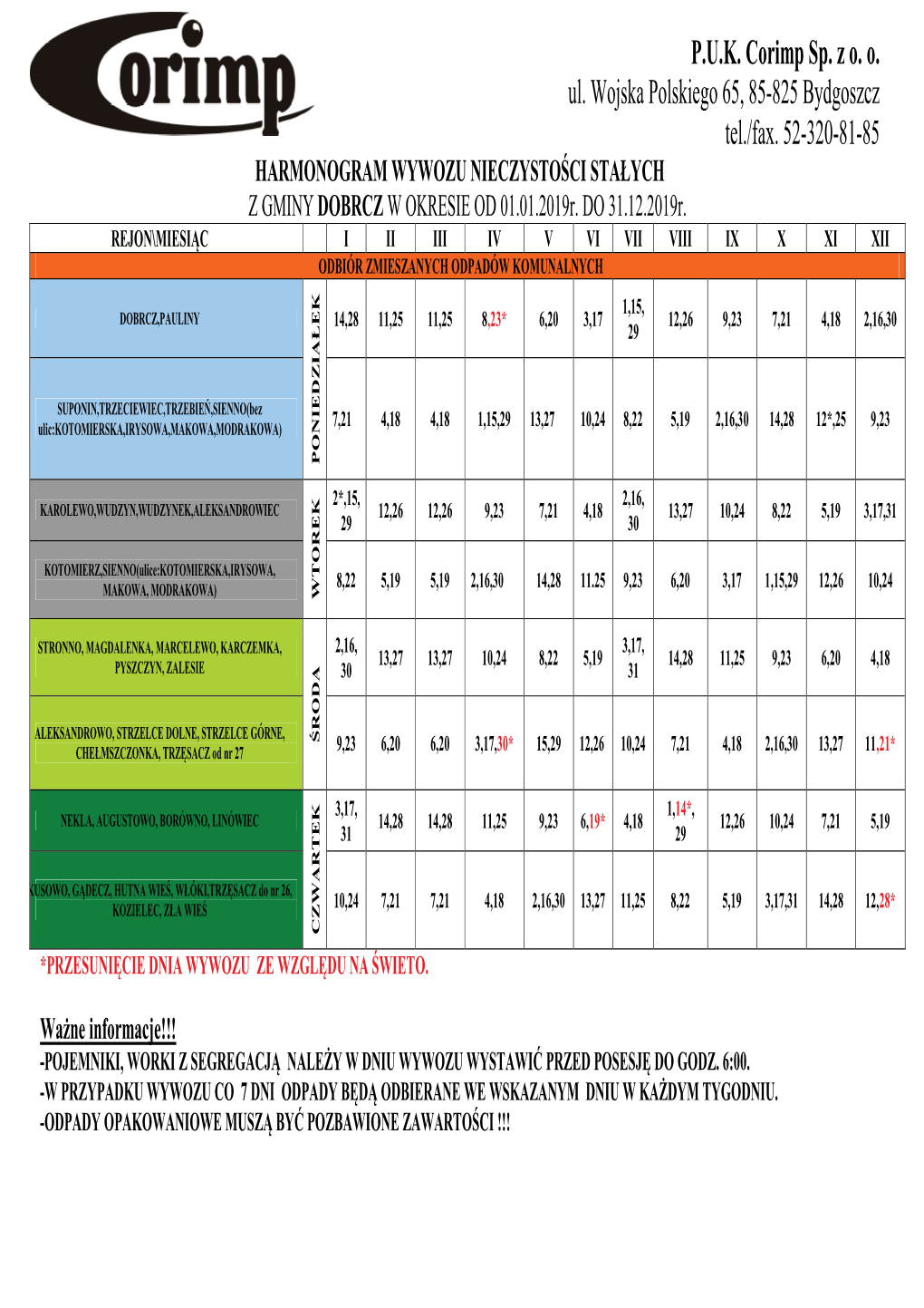 Harmonogram Gmina Dobrcz-2019