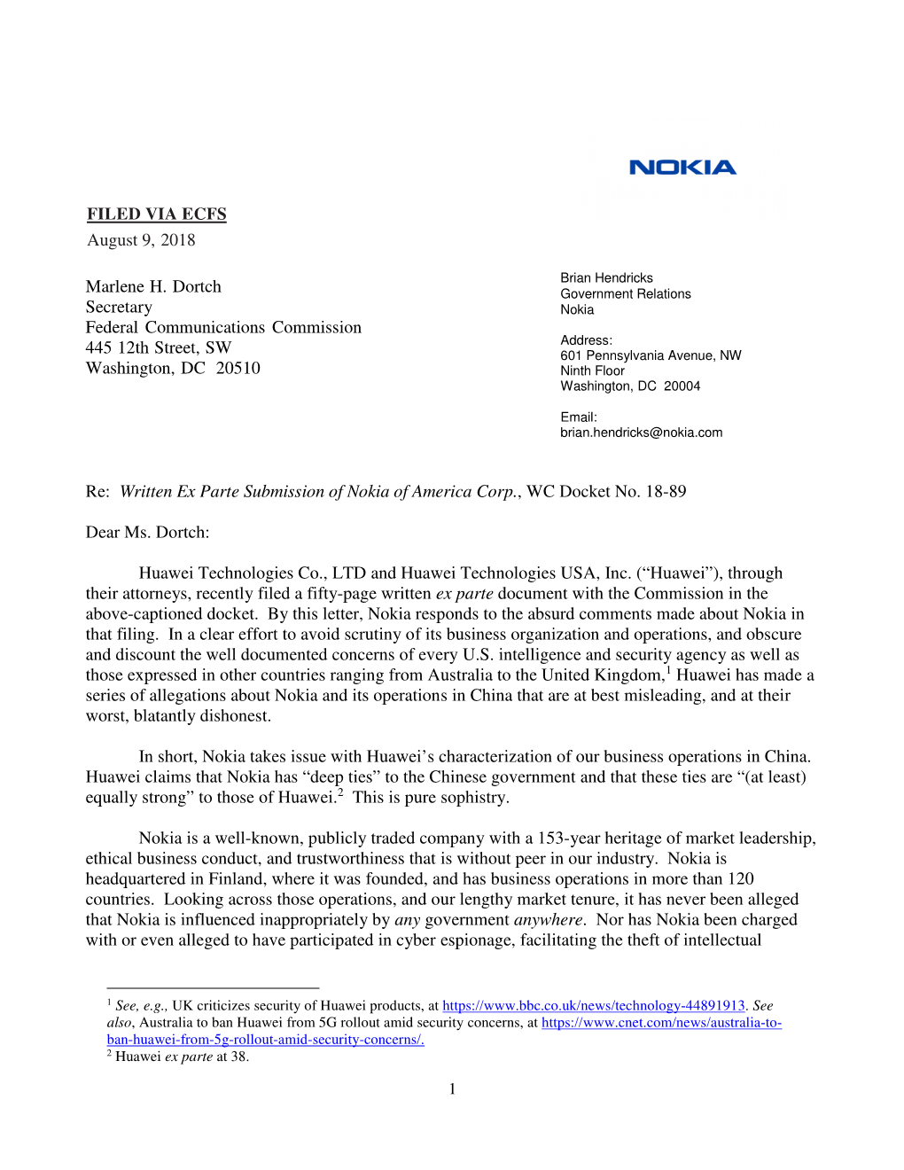 Nokia Response to Huawei Ex Parte 8-9-2018