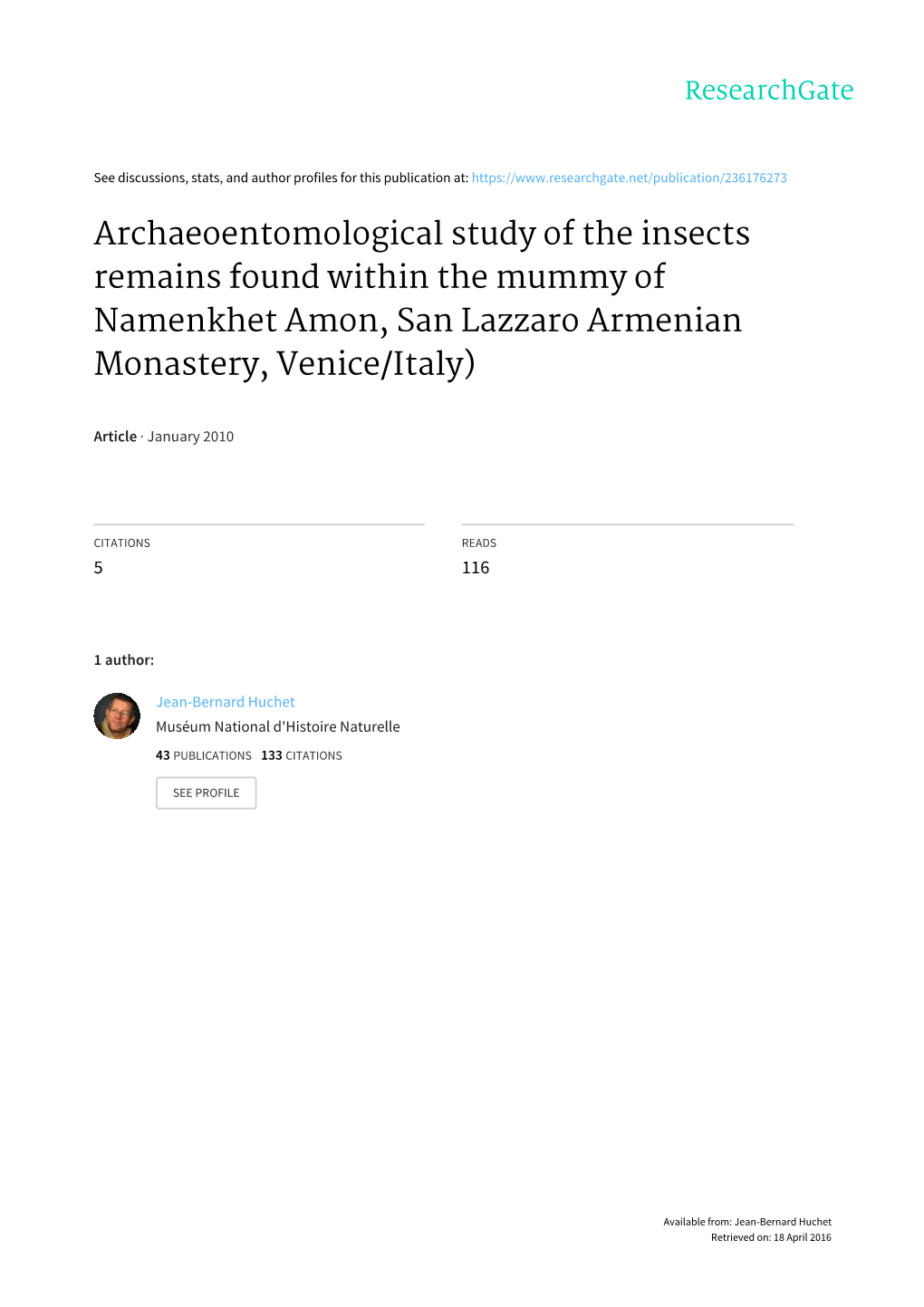 Archaeoentomological Study of the Insects Remains Found Within the Mummy of Namenkhet Amon, San Lazzaro Armenian Monastery, Venice/Italy)