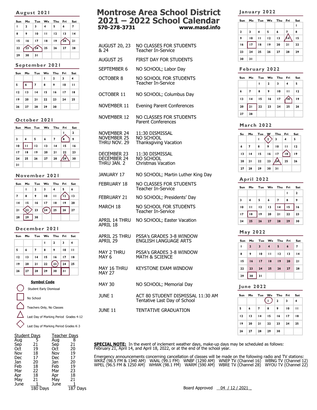 MASD 2021-2022 Calendar