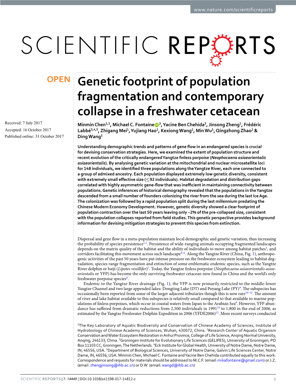 Genetic Footprint of Population Fragmentation and Contemporary Collapse in a Freshwater Cetacean Received: 7 July 2017 Minmin Chen1,2, Michael C