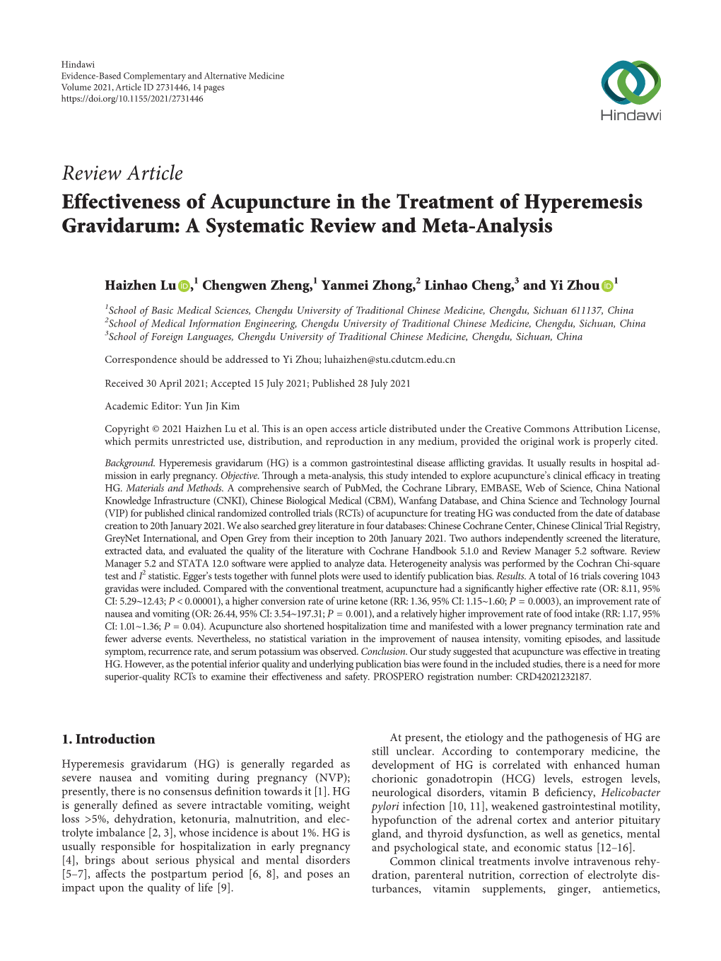 Effectiveness of Acupuncture in the Treatment of Hyperemesis Gravidarum: a Systematic Review and Meta-Analysis