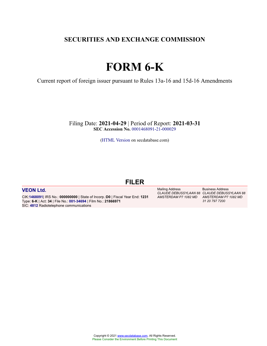 VEON Ltd. Form 6-K Current Event Report Filed 2021-04-29