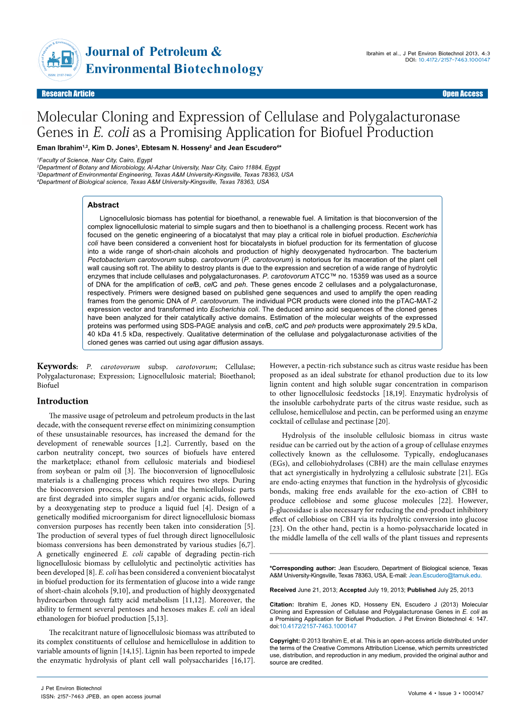 Molecular Cloning and Expression of Cellulase and Polygalacturonase Genes in E