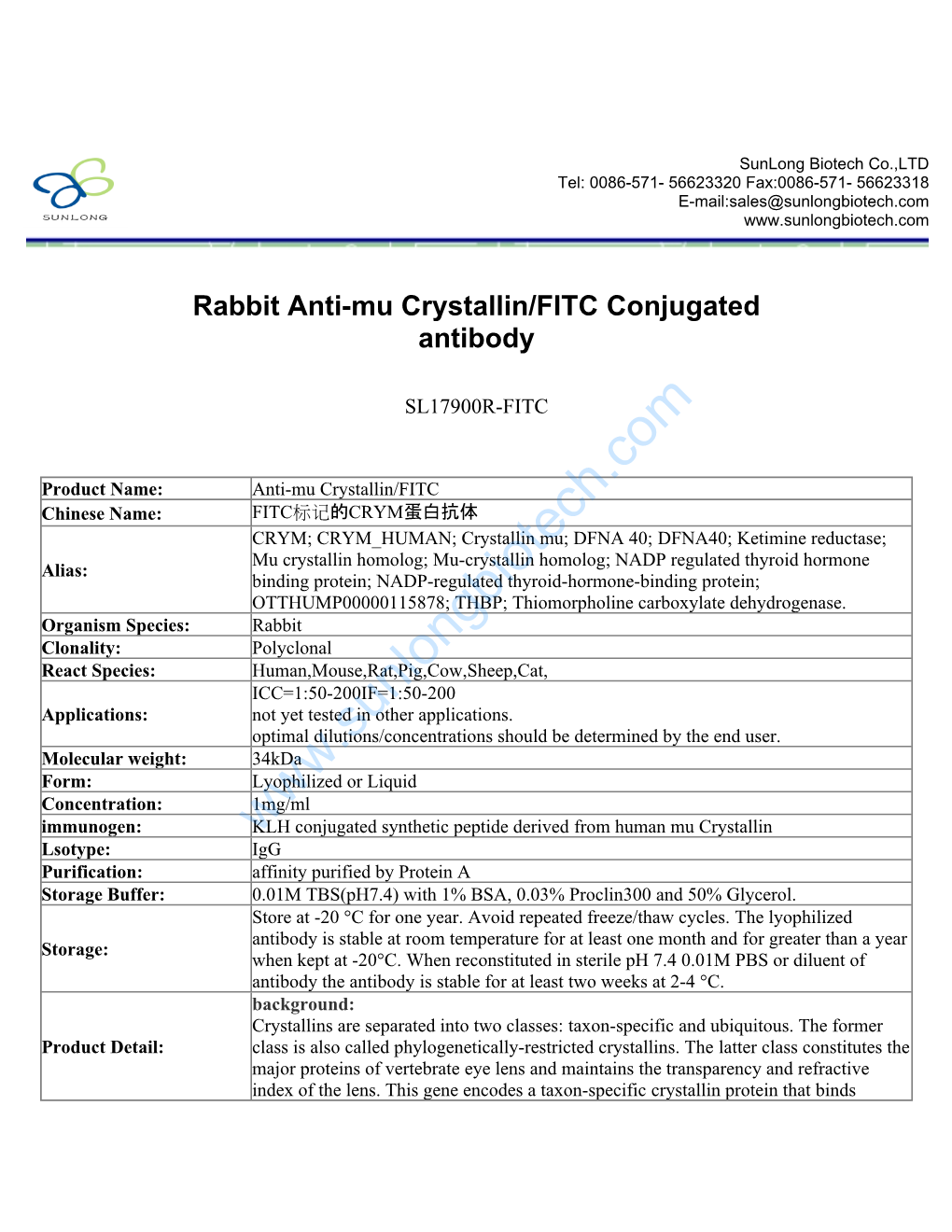 Rabbit Anti-Mu Crystallin/FITC Conjugated Antibody-SL17900R-FITC
