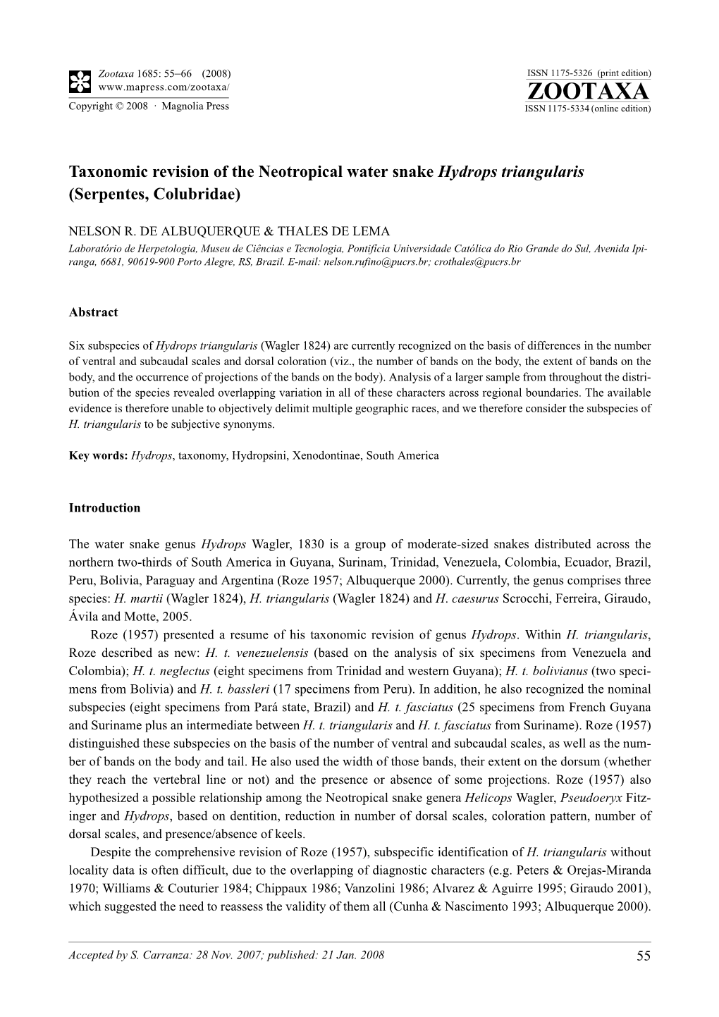 Zootaxa, Taxonomic Revision of the Neotropical Water