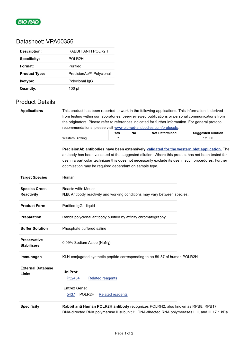 Datasheet: VPA00356 Product Details