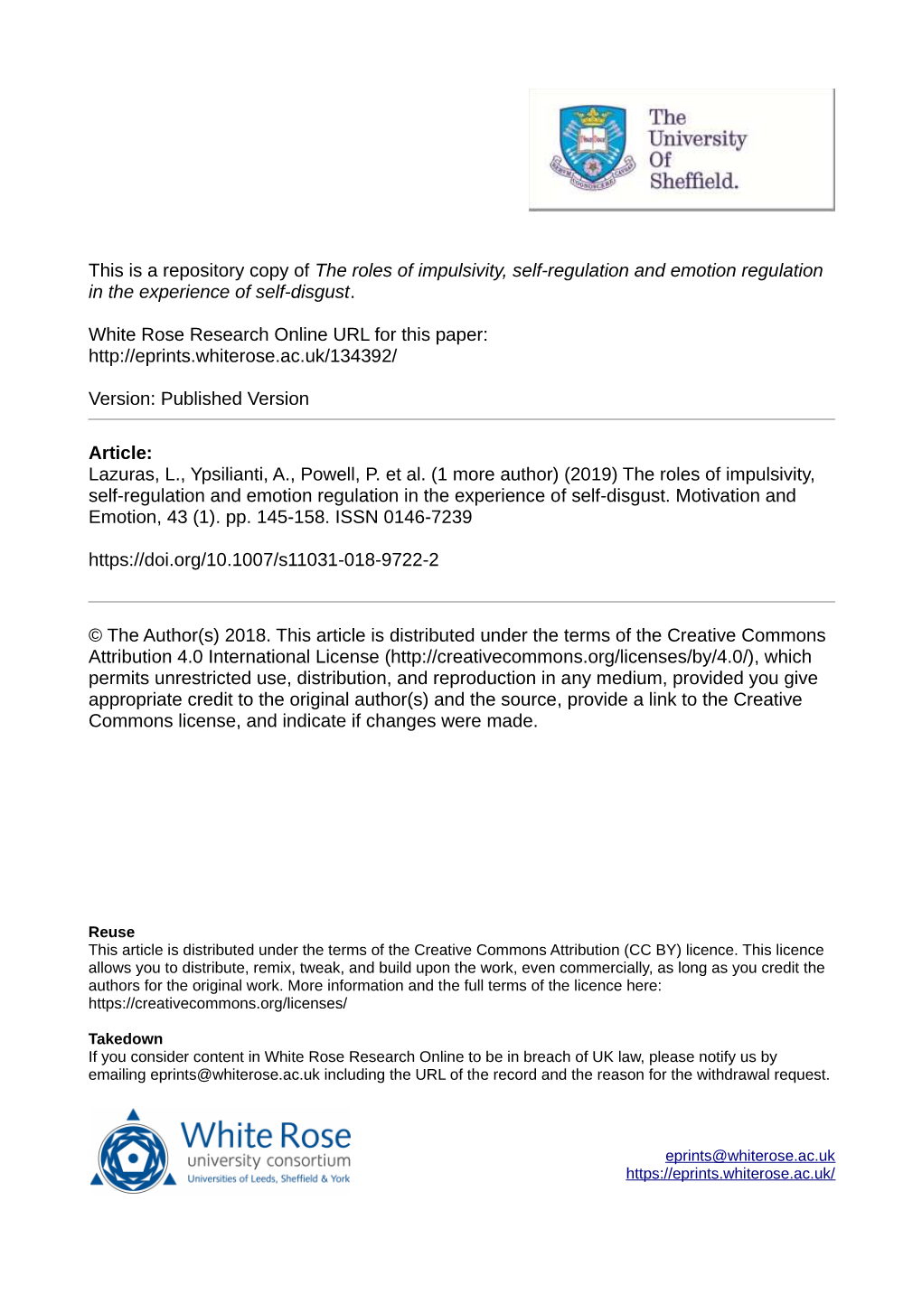 The Roles of Impulsivity, Self-Regulation and Emotion Regulation in the Experience of Self-Disgust