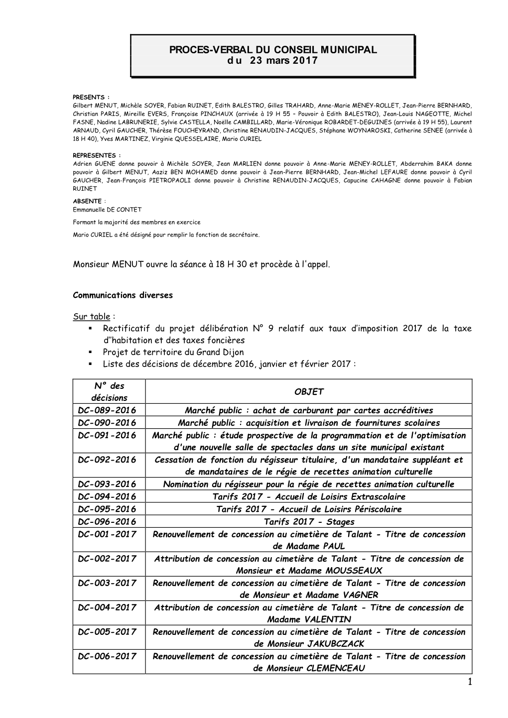 CONSEIL MUNICIPAL Du 23 Mars 2017