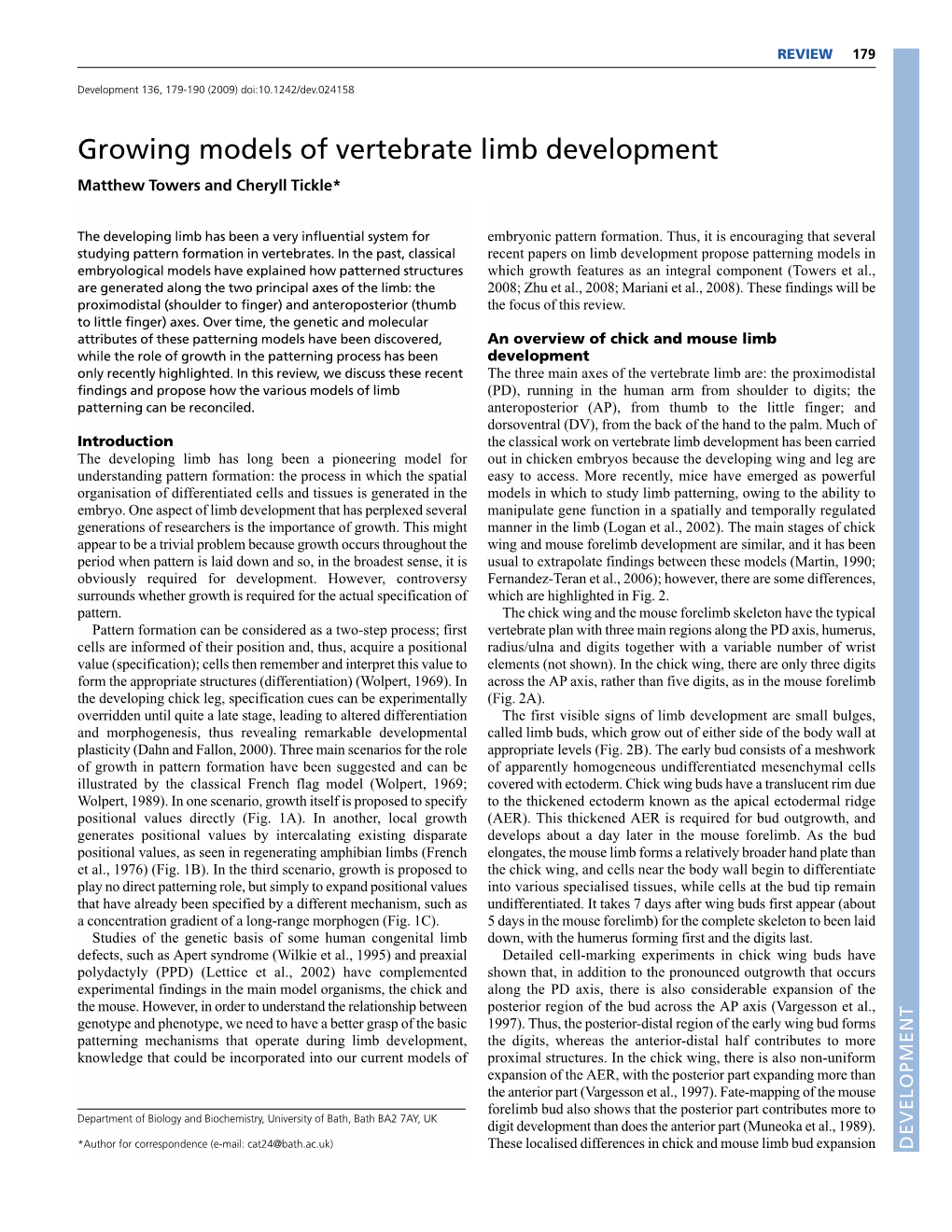 Growing Models of Vertebrate Limb Development Matthew Towers and Cheryll Tickle*