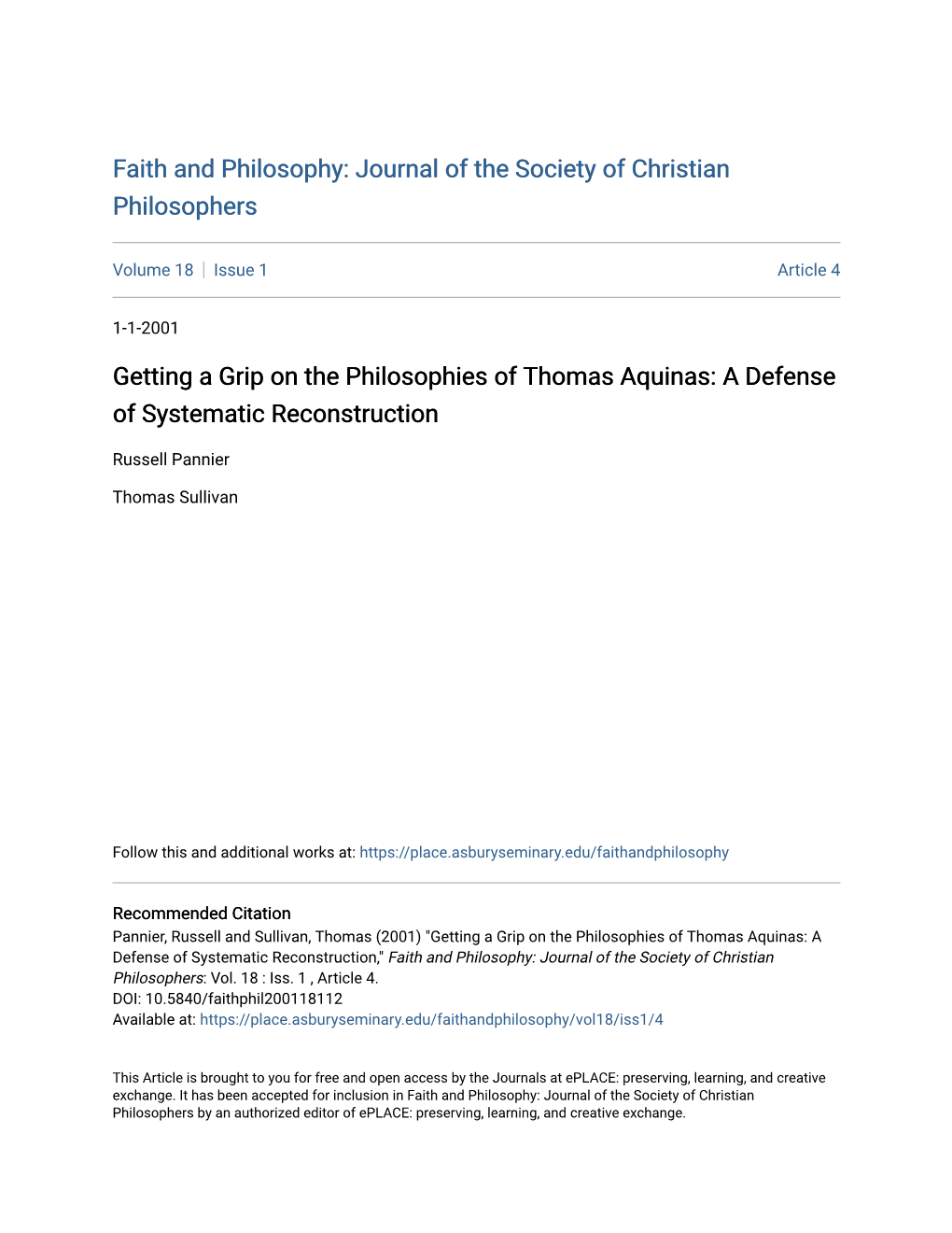 Getting a Grip on the Philosophies of Thomas Aquinas: a Defense of Systematic Reconstruction