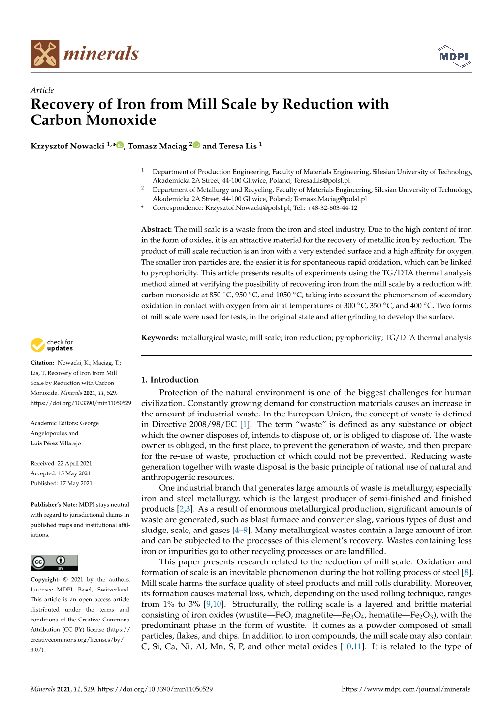 Recovery of Iron from Mill Scale by Reduction with Carbon Monoxide