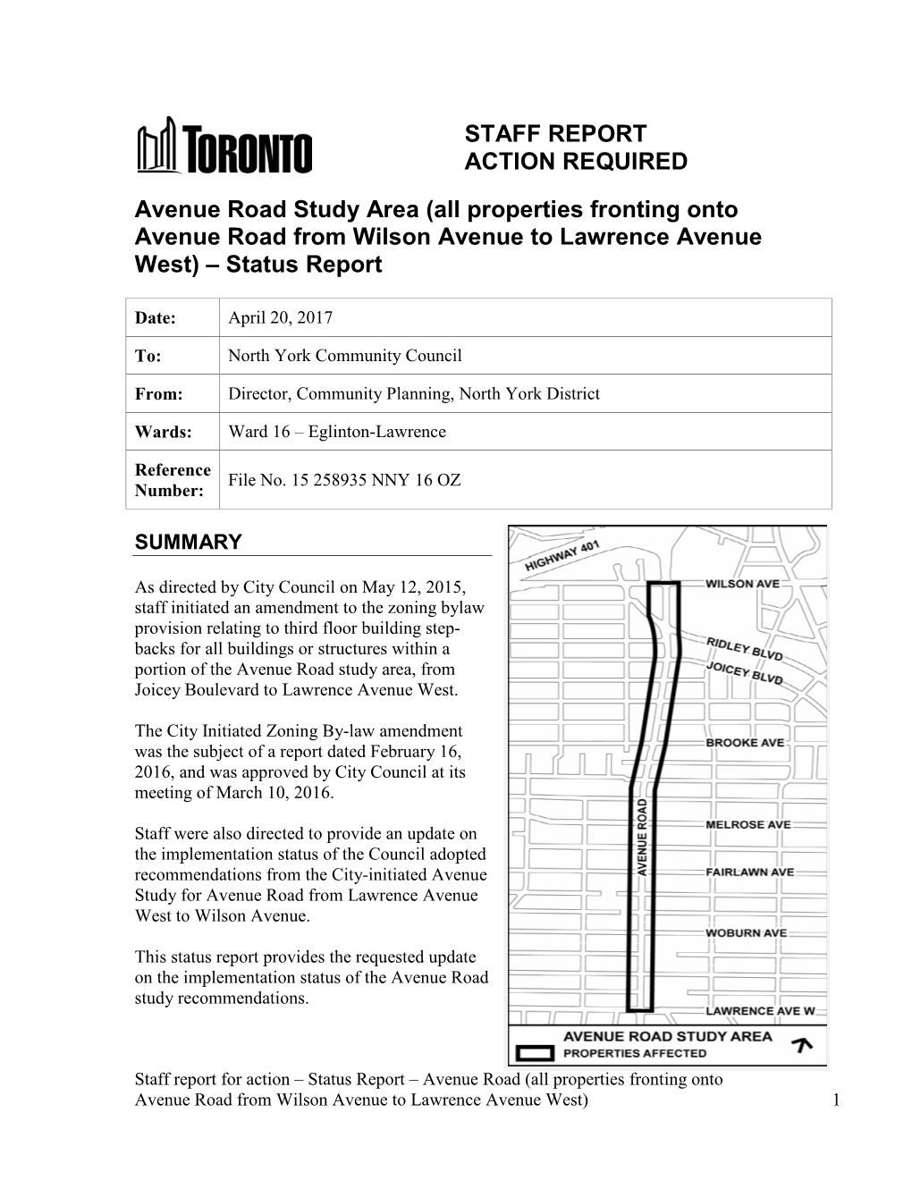 Avenue Road Study Area (All Properties Fronting Onto Avenue Road from Wilson Avenue to Lawrence Avenue West) – Status Report