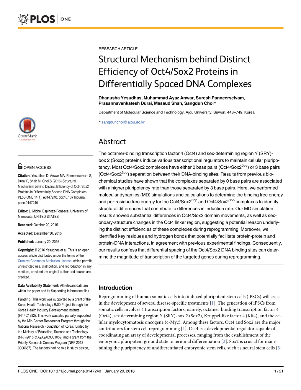 Structural Mechanism Behind Distinct Efficiency of Oct4/Sox2 Proteins in Differentially Spaced DNA Complexes