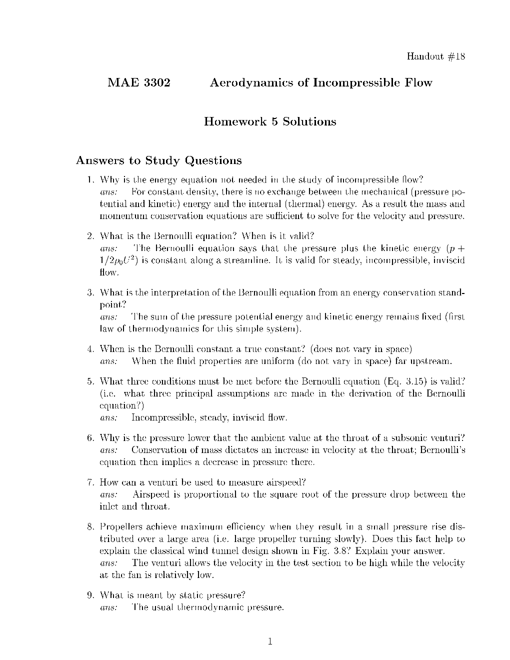 MAE 3302 Aerodynamics of Incompressible Flow Homework 5 Solutions Answers to Study Questions