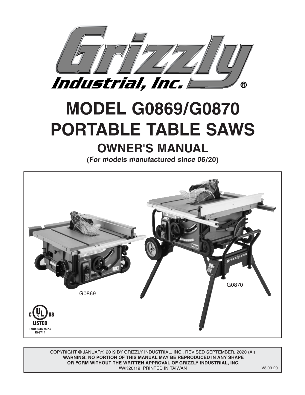 MODEL G0869/G0870 PORTABLE TABLE SAWS OWNER's MANUAL (For Models Manufactured Since 06/20)