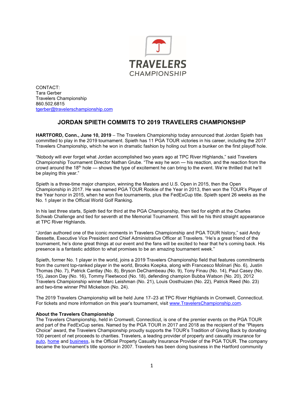 Jordan Spieth Commits to 2019 Travelers Championship