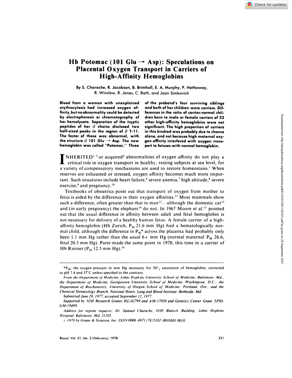 Hb Potomac (101 Glu -K Asp): Speculations on Placental Oxygen Transport in Carriers of High-Affinity Hemoglobins