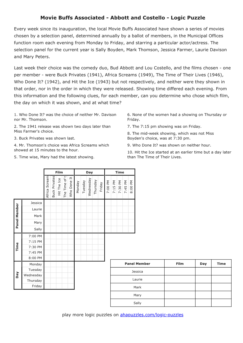 Movie Buffs Associated - Abbott and Costello - Logic Puzzle